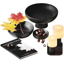 Autumn-themed 3D rendered decor featuring bowls, leaves, book, and candles, optimized for Blender 3D visualization.