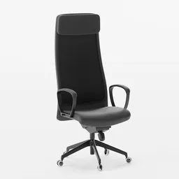 Detailed 3D model of black office chair with high backrest, armrests, and wheels, suitable for Blender 3D rendering.