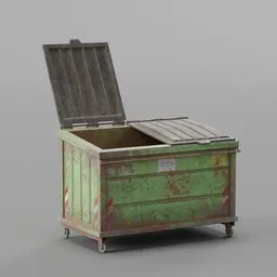 Detailed textured 3D model of a large open-top garbage dumpster with weathered textures, ideal for Blender urban scenes.