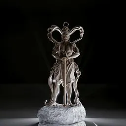 "Kongou 2022 Statue: A stunning Blender 3D model inspired by the Hajime Sorayama style, featuring a woman with a deer and a crown on a marble base. This sculpture combines elements of ancient Japanese concept art and Baiōken Eishun's influence, creating a visually captivating piece with a gelatin silver finish. Perfect for Blender enthusiasts seeking breathtaking 3D models."
