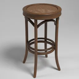 Detailed 3D model of a high-quality wooden stool with wicker seat, ideal for Blender rendering and bar-chair visualization.