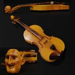 "3D model of a classical violin named "The Happy Bertram" with a carved wooden head, suitable for Blender 3D. The design is inspired by Károly Markó the Elder and features exaggerated proportions and glowing yellow face variations."