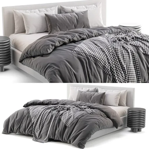 Detailed 3D model of a modern styled bed with neatly arranged pillows and textured bedding, UV mapped, rendered in Cycles.
