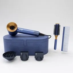 High-resolution Blender 3D model of a hair dryer set with accessories, vividly textured and detailed.