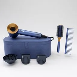 "Highly detailed 3D model of the award-winning Dyson Supersonic hair dryer set in the vibrant colors of purple and blue leather. Includes a hair dryer, comb, and a bowl of hair, perfect for professional use. UV Unwrapped and textured for enhanced realism. Ideal for Blender 3D users seeking top-quality 3D models."