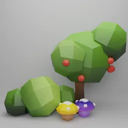 "Low Poly Environment 3D Model - Stylized Cartoon Style with Apple Tree, Bush, and Mushroom - Ideal for RPG Backgrounds and Minimal Shading - Created with Blender 3D Software."
