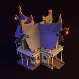 Detailed Blender 3D fantasy-style model with whimsical curved roofs and lanterns, optimized for gaming environments.