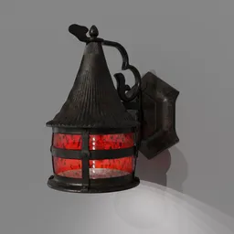 Detailed 3D model of an antique iron wall lantern with red glass panels for Blender users.