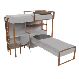 "3D rendered bunk bed with built-in desk, perfect for your Blender 3D scene. This mobile game asset features an Ikea-style design with other bedrooms shown, inspired by Johann Berthelsen. Version 3 includes destructible environments, based on a geographical map, and has a futuristic feel, reminiscent of Anno 2070."