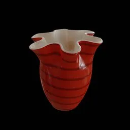 Red and white ribbed 3D vase model with wavy rim, designed for Blender rendering and animation.