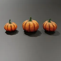 Alt text: "Three small pumpkins on a table with a gray background, 3D model for Blender 3D in the nature-outdoor category. Inspired by Félix Vallotton and incorporating Quixel Megascans, this detailed impasto brush stroke model comes with a spritesheet and various characters."