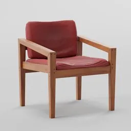"Wooden and fabric armchair 3D model for Blender 3D featuring clean and photorealistic design with 4K textures. Perfect for furniture rendering and video game assets. Created using seamless textures and rigged for character modeling."