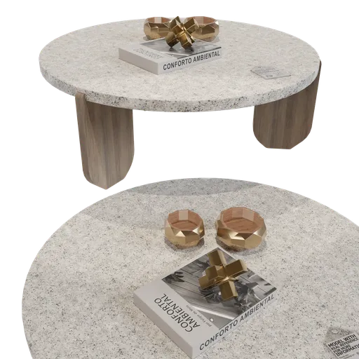 Realistic 3D model of oval gray coffee table with accessories, compatible with Blender for architectural visualization.
