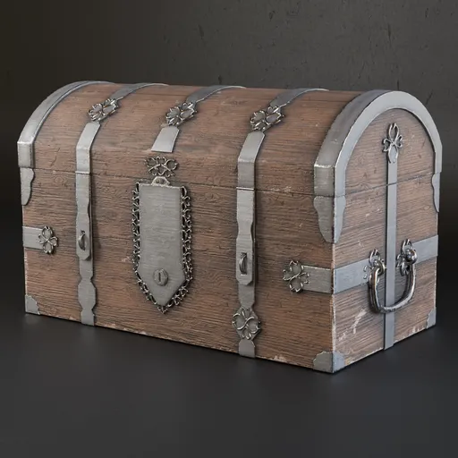 Detailed 3D model of an old wooden chest with intricate metal hardware, suitable for game and environment design in Blender.