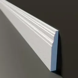 Detailed 3D skirting board rendering, gloss-finish, Blender compatible, PBR textured mold.