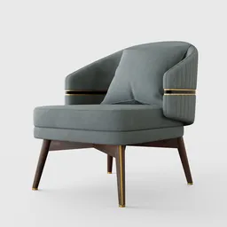 Detailed 3D Blender model of a modern armchair with soft fabric, cushioned seat, asymmetric round backrest, and wooden legs with metallic accents.