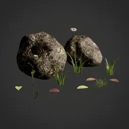 Realistic lowpoly 3D rocks and foliage, optimized for Blender with Subdivision Surface Modifier for efficient rendering.