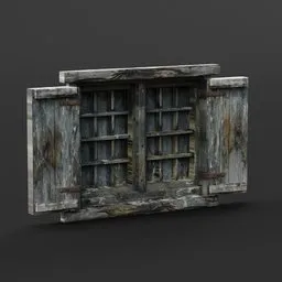 Detailed 3D model of an aged, weathered window with shutters, optimized for Blender rendering.