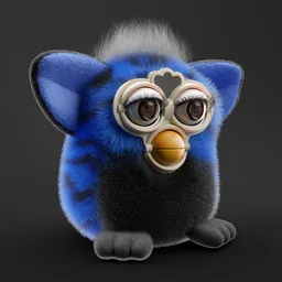 Highly detailed Blender 3D model featuring a plush blue and black Furby with accurate rig and dense fur particles.