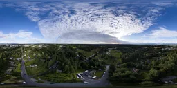 360-degree HDR panorama, dramatic skies, suburban landscape at dusk with soft sunlight for realistic environment mapping.