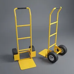 "Lowpoly yellow hand truck cart with two wheels and ladder, ideal for game engine use. Photorealistic detail and 4k texture with a set of 2 UVs. Blender 3D model, perfect for utility and industrial themes."