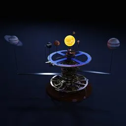 Intricate 3D orrery solar system model with detailed textures and lighting, compatible with Blender.