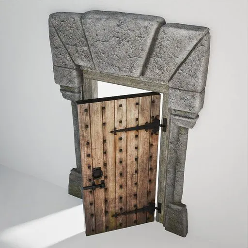 Detailed 3D model featuring a rustic medieval-style wooden door set within a textured stone archway, designed for Blender.