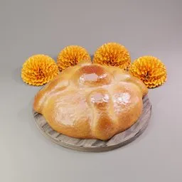"3D model of Bread of the Dead - a floral bun and animal-shaped bread made out of sweets, rendered with high-quality detail in Blender 3D. Displayed on a wooden board with traditional flowers as the perfect delicious food centerpiece. Category: Food."