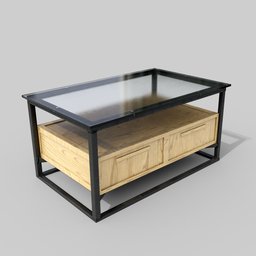 "3D model of a living room table in Blender 3D with a glass top and drawer, baked textures included. Features a post-industrial design with military storage crate and elm tree elements. Perfect for UE marketplace or CAD applications."