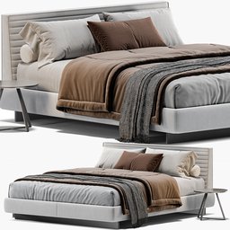 "Explore the award-winning style and dynamic proportions of the Bed Minotti Roger 3D model, available in Blender format with unwrapped textures. This gunmetal grey bed features a brown and white blanket and has been rendered with Cycles, boasting over 439,000 polys for stunning detail. With dimensions of 190 x 226 x 91 H in centimeters, this bed is the perfect addition to any 3D scene."