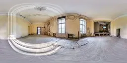 360-degree HDR image of sunlit, dilapidated interior with peeling walls and wooden floors for lighting scenes.