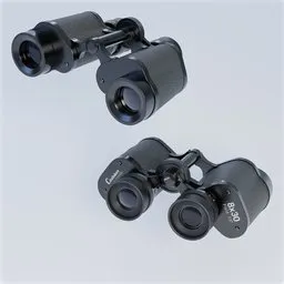 "3D model of 8x30 binoculars for industrial-exerior applications, created with Blender 3D software. Precision design allows for adaptable eye-width constraints and long-range imagery. Ideal for use in police drones, astronomical imaging, and automated defense platforms."