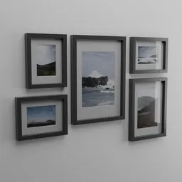 Set of five realistic 3D model picture frames, various sizes, for digital rendering and Blender 3D projects.