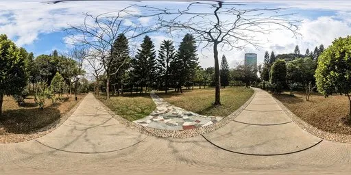High-resolution park HDR with winding concrete path for 3D lighting, flanked by lush trees under a partly cloudy sky.