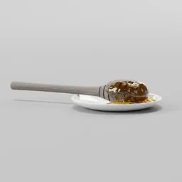 Realistic Blender 3D model featuring a honey-covered spoon resting on a white plate with a shiny golden drip.