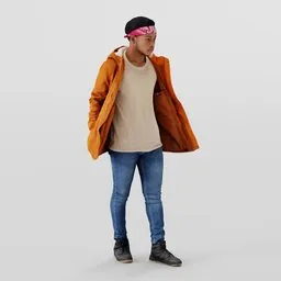 Bewildered handsome male 3D model in orange jacket and jeans, Blender ready.