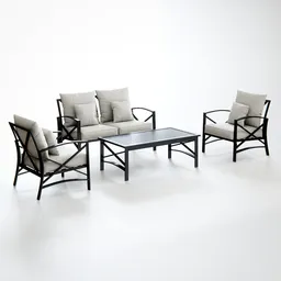 "Enhance your outdoor space with the stylish Kaplan Outdoor Sofa Set. This 3D model, created using Blender 3D, features a sturdy steel construction, x-back design, and includes a sofa, coffee table, and two arm chairs. Perfect for any garden setting and available in a sophisticated grey color scheme."