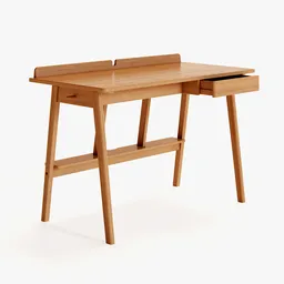 3D-rendered mid-century style wooden desk model with interactive drawer and side hangers, designed for Blender software.