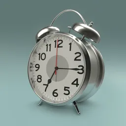 Realistic 3D representation of vintage silver twin-bell alarm clock, ideal for Blender 3D modeling and design.