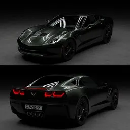 Highly detailed Corvette C7 Stingray Blender 3D model with customizable car paint and realistic light materials.