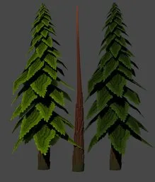 Low-poly 3D pine tree model with detailed textures, ideal for Blender game development and animation.