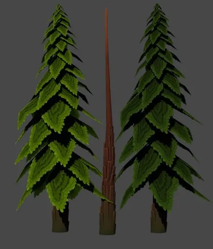 Low-poly 3D pine tree model with detailed textures, ideal for Blender game development and animation.