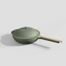 "Kitchen Appliance 3D model of a green pan with a wooden handle and an integrated spoon, rendered with Blender 3D. Inspired by artists Jiro Yoshihara and Johan Lundbye, with features such as a gambrel roof and inspired by the games PUBG and Lin Tinggui."