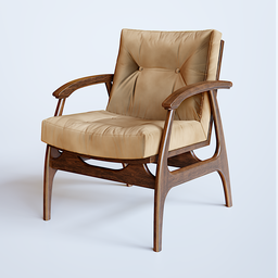 "Wooden armchair with tan velvet seat - 3D model for Blender 3D by Sier, inspired by Ditlev Blunck and Vienna Secession style, rendered in Octane."