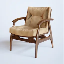"Wooden armchair with tan velvet seat - 3D model for Blender 3D by Sier, inspired by Ditlev Blunck and Vienna Secession style, rendered in Octane."