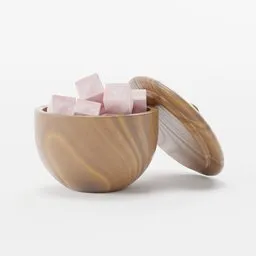 "Turkish Delight in Wooden Bowl: A delicious traditional dessert featured in an ultra-photorealistic 3D model. The pink sugar cubes are beautifully presented, adding a touch of elegance to this high-quality product image for Blender 3D users."
