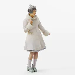 Standing cute girl white winter coat