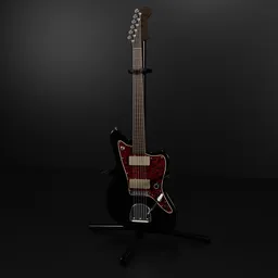 "Realistic black electric guitar 3D model for Blender 3D - Fender Jazzmaster from the Instruments category. Close-up view on stand with modern design and rendered with Redshift. Perfect for in-game use and panoramic renders."