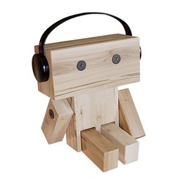 "Wooden doll with headphones, ideal for decoration in bedrooms and children's rooms. Well-designed digital art featuring a block head and square masculine jaw created using Blender 3D software."
