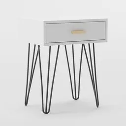 "White Ikea-style bedside table with drawer, perfect for interior visualizations. High-quality 3D model designed in Blender 3D with angular face and four legs. Stylized storm design with thin, long lines and detailed craftsmanship."